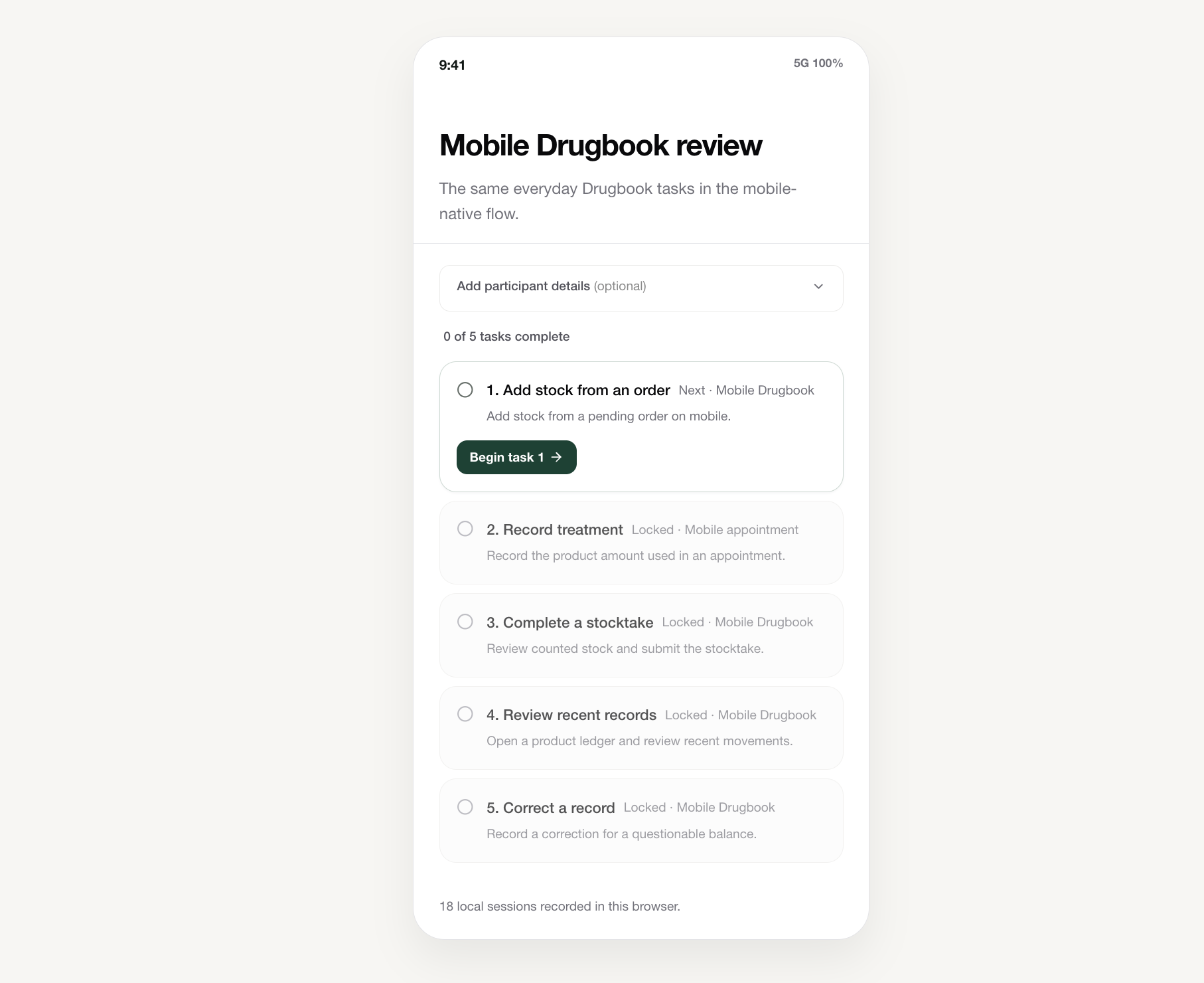 Mobile usability testing platform with a structured task flow